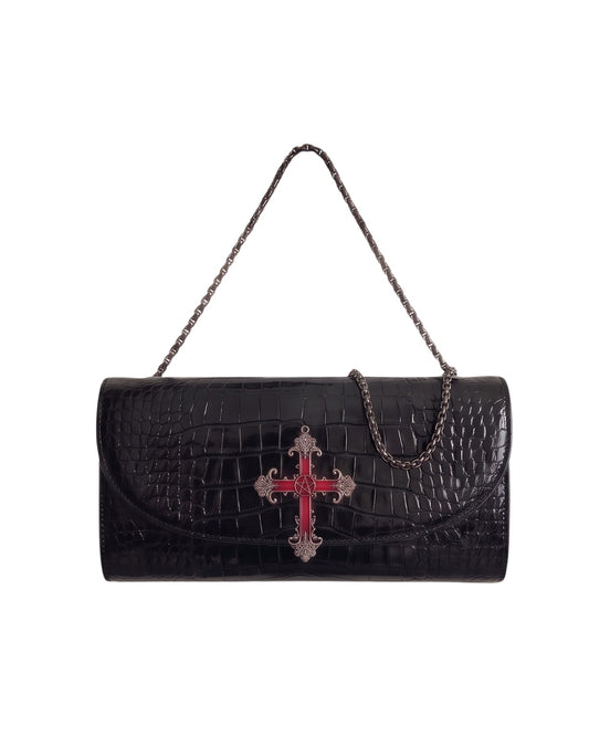 Black Crocodile-Pattern Crossbody Chain Shoulder Bag with Cross Detail